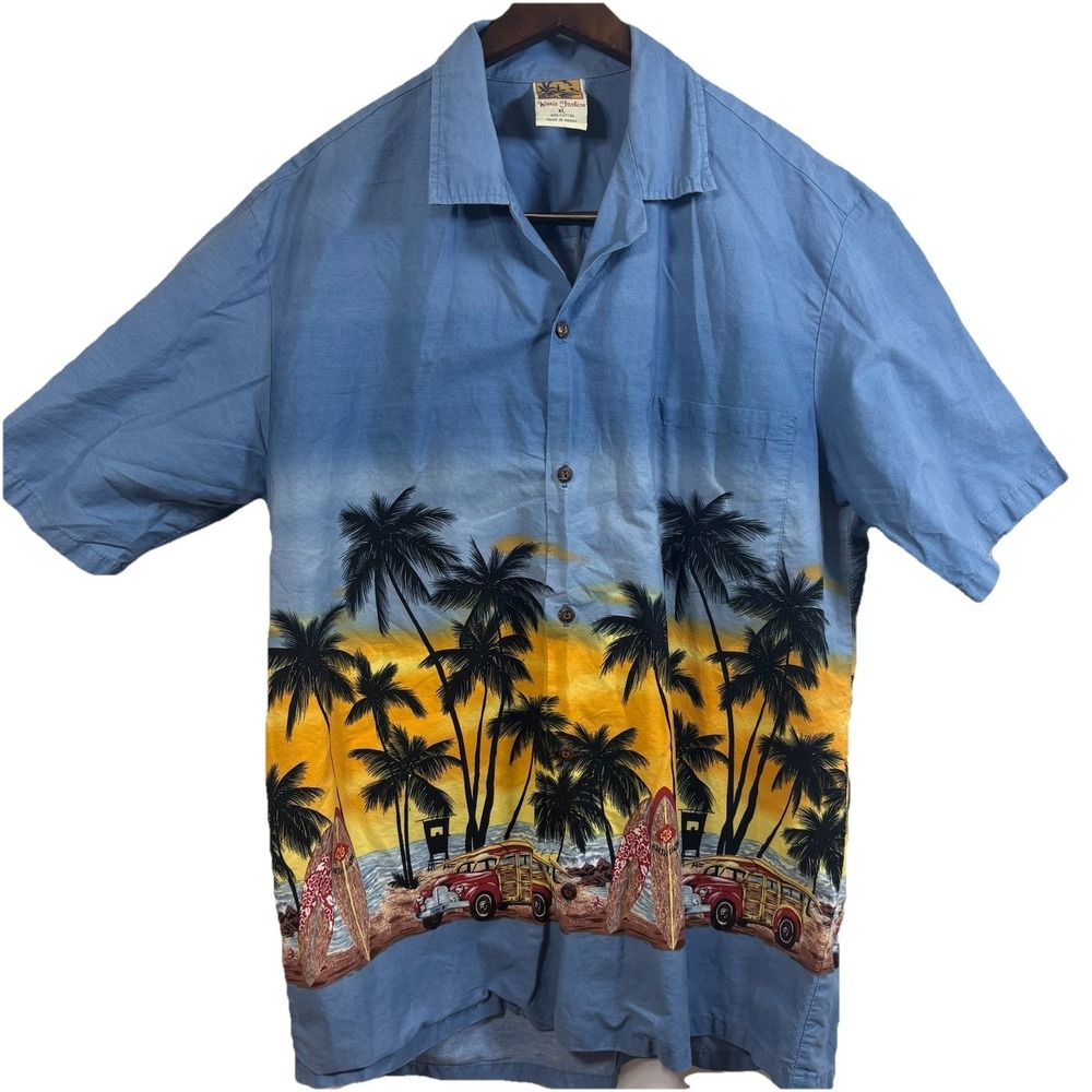 Winnie Fashion Men's Size XL Hawaiian Shirt Blue Surfboards Palms Made In Hawaii